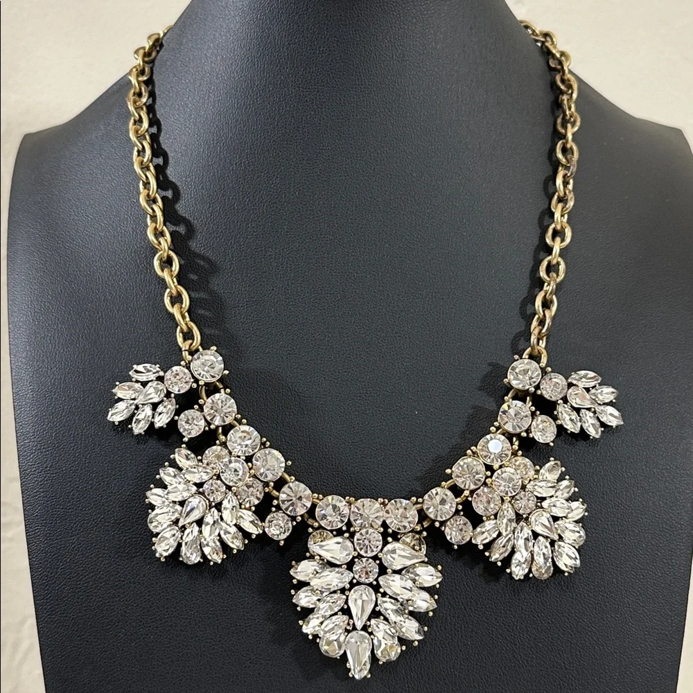J Crew Vintage White Crystal Cluster Antique Gold Tone Statement Bib Necklace